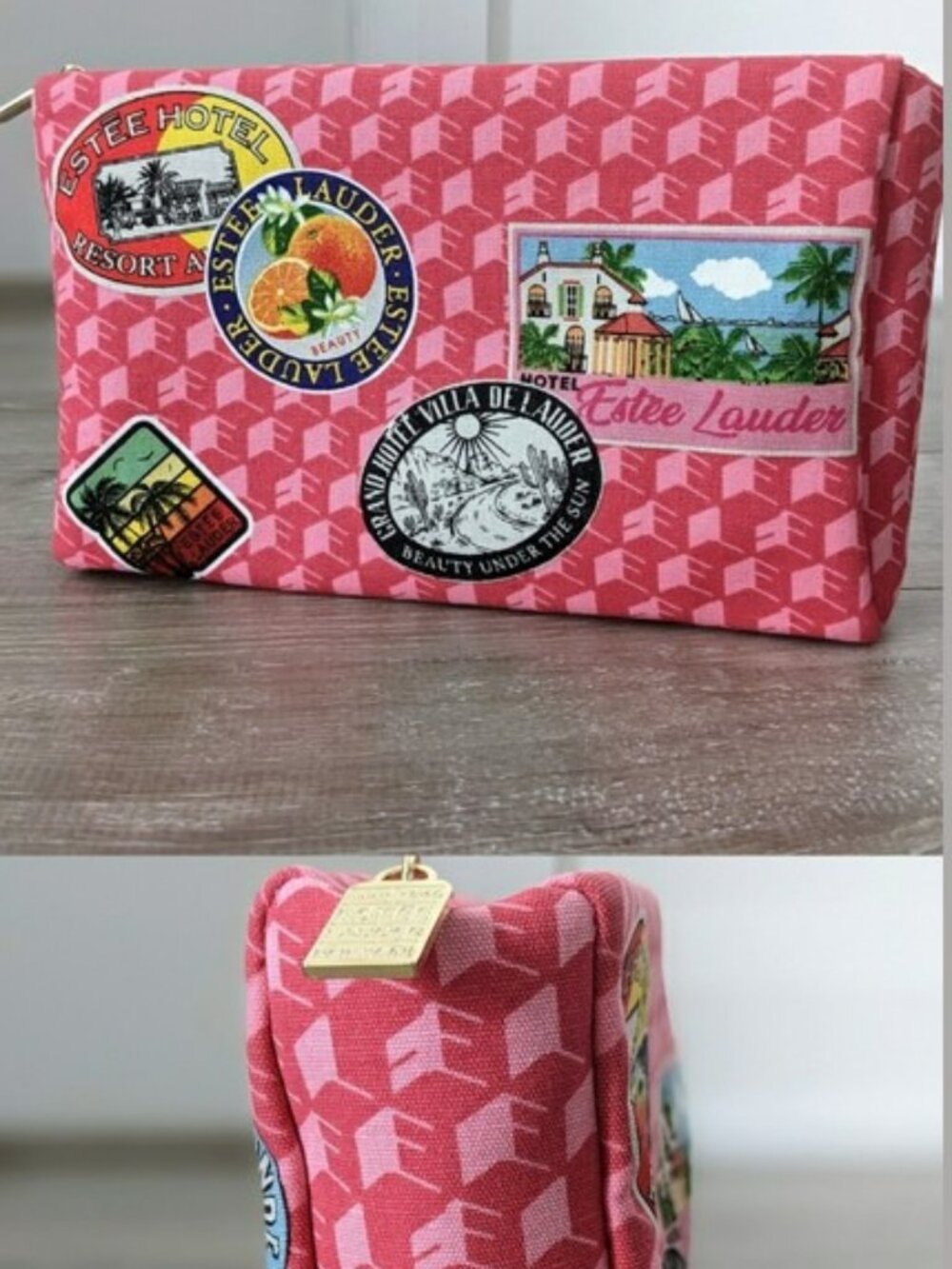 Estee Lauder Zip Cosmetic Makeup Bag Vintage World Travel Themed Pink